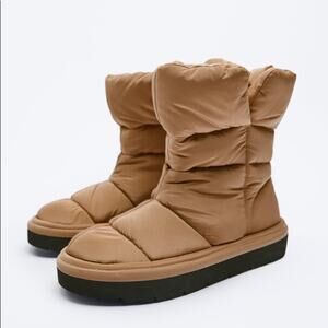 ZARA QUILTED LOW HEEL ANKLE BOOTS BEIGE